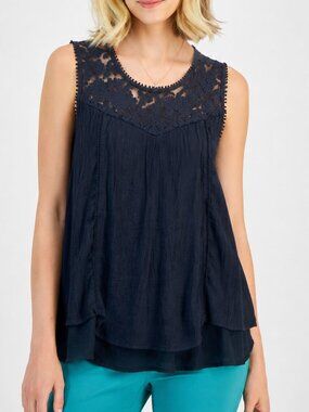 Style & Co. Navy Lace Yoke Layered Sleeveless Top
